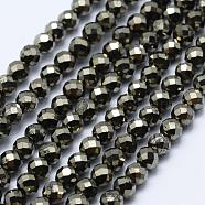 Natural Pyrite Beads Strands, Faceted, Round, 3~3.5mm, Hole: 0.5mm, about 130~138pcs/strand, 15.3 inch(39cm)(G-J369-19-3mm)