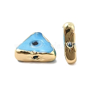 Brass Enamel Beads, Long-Lasting Plated, Real 18K Gold Plated, Triangle with Evil Eye Pattern, Deep Sky Blue, 10~11.5x13~13.5x4~5mm, Hole: 1.6~1.8mm(KK-F842-03B)
