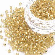 8/0 Glass Bugle Beads, Silver Lined, Gold, 2.5~3x2.5mm, Hole: 1mm, about 15000pcs/pound(SEED-S032-07A-22B)