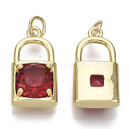 Brass Micro Pave Cubic Zirconia Pendants, with Jump Rings, Nickel Free, Lock, Real 16K Gold Plated, Red, 19x10x5mm, Hole: 3.5mm(ZIRC-S067-024A-NF)
