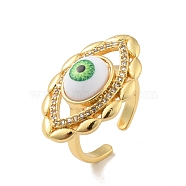 Cubic Zirconia Horse Eye Open Cuff Ring with Acrylic, Real 18K Gold Plated Brass Jewelry for Women, Cadmium Free & Lead Free, Lawn Green, US Size 6 3/4(17.1mm)(RJEW-B042-03G-01)