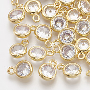 Brass Cubic Zirconia Charms, Flat Round, Clear, Real 18K Gold Plated, 8.5x6x2.5mm, Hole: 1.2mm(KK-T035-15)