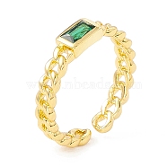Cubic Zirconia Rectangle Open Cuff Ring, Real 18K Gold Plated Brass Jewelry for Women, Cadmium Free & Lead Free, Sea Green, US Size 7 3/4(17.9mm)(X-RJEW-I083-02G-02)