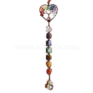 Chakra Theme Big Pendant Decorations, Hand Knitting with Natural Gemstone Beads and Stone Chips Tassel, Heart with Tree of Life, Red Copper, 35cm(HJEW-PW0001-004E-AB)