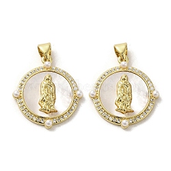 Brass Pave Shell Pendants, Religion Virgin Mary Charms with ABS Imitation Pearl, Real 18K Gold Plated, Oval, 23.5x21.5x3.5mm, Hole: 3.5x4.5mm(KK-I708-16L-G)