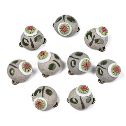 Handmade Porcelain Connector Charms, with Antique Bronze Plated Brass Findings, Famille Rose Style, Alien with Flower, Olive Drab, 17.5x15~16x9~10mm, Hole: 2mm(PORC-N004-147)