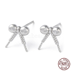 Rhodium Plated 925 Sterling Silver Stud Earring Findings, Bowknot, for Half Drilled Beads, with S925 Stamp, Real Platinum Plated, 8.5x7.5mm, Pin: 11x0.9mm and 0.7mm(STER-M115-02P)