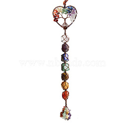 Chakra Theme Big Pendant Decorations, Hand Knitting with Natural Gemstone Beads and Stone Chips Tassel, Heart with Tree of Life, Red Copper, 35cm(HJEW-PW0001-004E-AB)