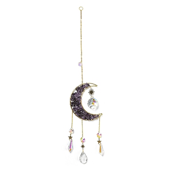 Wire Wrapped Natural Amethyst Chip Moon Pendant Decoration, with Glass Cone/Teardrop Charm and Brass Findings, for Home Hanging Decoration, 470~473mm