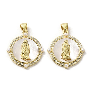 Brass Pave Shell Pendants, Religion Virgin Mary Charms with ABS Imitation Pearl, Real 18K Gold Plated, Oval, 23.5x21.5x3.5mm, Hole: 3.5x4.5mm