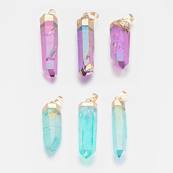 Faceted Dyed Natural Quartz Pointed Pendants, with Golden Tone Brass Findings, Bullet, Mixed Color, 33~57x8~14mm, Hole: 5x8mm
