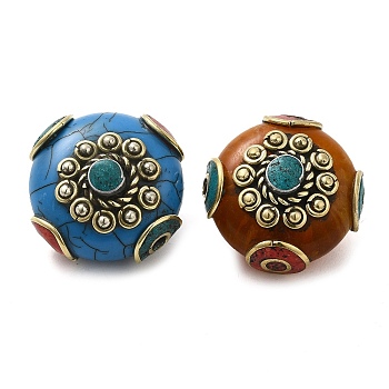 Handmade Tibetan Style Beads, with Synthetic Turquoise & Imitation Beeswax & Brass Findings, Flat Round, Mixed Color, 23~24x24~24.5x18~20mm, Hole: 2mm