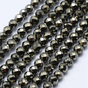 Natural Pyrite Beads Strands, Faceted, Round, 3~3.5mm, Hole: 0.5mm, about 130~138pcs/strand, 15.3 inch(39cm)