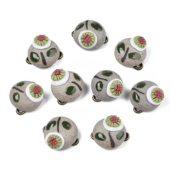 Handmade Porcelain Connector Charms, with Antique Bronze Plated Brass Findings, Famille Rose Style, Alien with Flower, Olive Drab, 17.5x15~16x9~10mm, Hole: 2mm