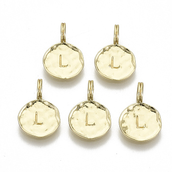 Alloy Pendants, Cadmium Free & Nickel Free & Lead Free, Flat Round with Letter, Real 18K Gold Plated, Letter.L, 17x11.5x1.5mm, Hole: 2.5mm
