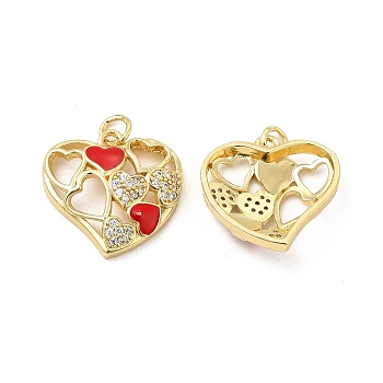 Real 18K Gold Plated Brass Micro Pave Clear Cubic Zirconia Pendants, with Jump Ring & Enamel, Hollow Asymetrical Heart Charm, Red, 20x20x5mm, Hole: 3.5mm