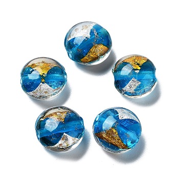 Handmade Lampwork Beads, with Gold Foil, Oval, Dodger Blue, 11~12x11.5~12.5x7~7.5mm, Hole: 2mm