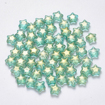 Spray Painted Glass Beads, with Glitter Powder, Star, Light Green, 8x8.5x4mm, Hole: 1mm