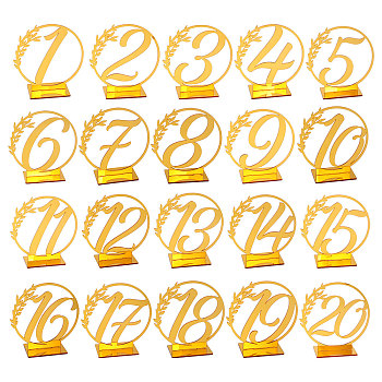 Acrylic Table Plate Display Decoration, for Wedding, Restaurant, Birthday Party Decorations, Number 1 to 20, Gold, Number: 102x96x2mm, 20pcs; Base: 58x40x2mm, 20pcs