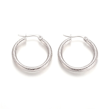 304 Stainless Steel Geometric Hoop Earrings, Hypoallergenic Earrings, Textured, Ring, Stainless Steel Color, 25.5x3mm, 9 Gauge, Pin: 1x0.6mm