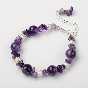 Amethyst Bracelets, with Brass Textured Beads and Alloy Lobster Claw Clasps, Silver Color Plated, Amethyst, 185mm