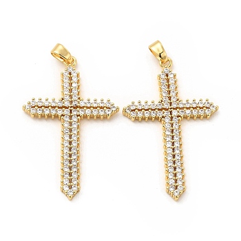 Brass Micro Pave Cubic Zirconia Pendants, Religion Cross Charm, Golden, Clear, 37.5x23.5x2.5mm, Hole: 4x2.5mm