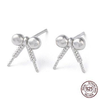 Rhodium Plated 925 Sterling Silver Stud Earring Findings, Bowknot, for Half Drilled Beads, with S925 Stamp, Real Platinum Plated, 8.5x7.5mm, Pin: 11x0.9mm and 0.7mm