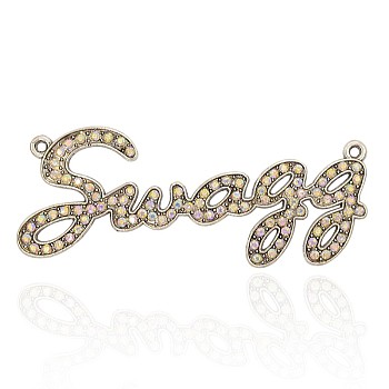 Antique Silver Alloy Rhinestone Links connectors, Necklace Pendants, Word Swagg, Crystal AB, 84x34x2mm, Hole: 2.5mm