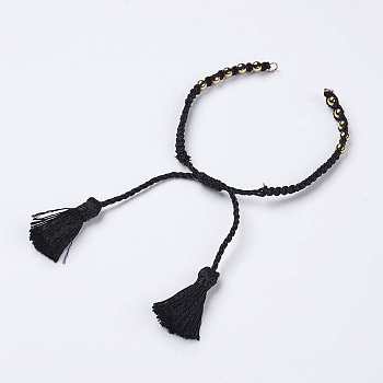 Polyester DIY Braided Bracelet Making, with Brass Findings and Tassel, Black, 9-7/8 inch(250mm), 5mm, Hole: 2mm, Tassels: 24x5mm