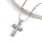 Brass Micro Pave Clear Cubic Zirconia Cross Pendant Necklaces, 304 Stainless Steel Snake Chain Necklaces, Stainless Steel Color, 19.88 inch(50.5cm)(NJEW-K273-03P)