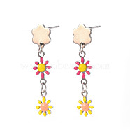 Enamel Flower Long Dangle Stud Earrings, Stainless Steel Color Plated 304 Stainless Steel Jewelry for Women, Deep Pink, 34x8mm, Pin: 0.8mm(EJEW-N049-04C)