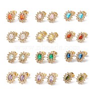 Cubic Zirconia & Rhinestone Oval Flower Stud Earrings, Ion Plating(IP) 304 Stainless Steel Jewelry for Women, Golden, Mixed Color, 12x10mm, Pin: 0.6mm(EJEW-A080-04M-G)