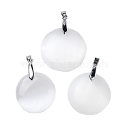 Natural Selenite Pendants, with Platinum Tone Rack Plating Brass Snap on Bails, Flat Round, 42~45x28~34x10mm, Hole: 4x6mm(G-M091-01D)