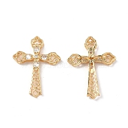 Brass Micro Pave Clear Cubic Zirconia Pendants, with Glass, Cross Charm, Real 18K Gold Plated, 34.5x26x3.8mm, Hole: 1.6x5mm(KK-E068-VF240)