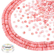 Disc Shell Beads Strands, Dyed, with Elastic Crystal Thread, Pink, 4.9~6x1~6mm, Hole: 1.4mm, about 15.94 inch~16.14 inch(40.5~41cm), 3strands/set(SSHEL-PH0002-47)