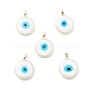 Handmade Evil Eye Lampwork Pendants, with Rack Plating Light Gold Tone Brass Findings, Long-Lasting Plated, Lead Free & Cadmium Free, Flat Round, White, 29.5~30x25.5~26x6.5mm, Hole: 5x4.5mm(LAMP-F031-03G-03)