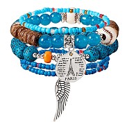 5Pcs 5 Style Wood & Glass Seed & Acrylic Beaded Stretch Bracelets Set with Baseball, Bohemian Stackable Bracelets with Alloy Wings & Pairs Charm for Women, Sky Blue, 7-1/8 inch(18cm), 1Pc/style(JB709A)