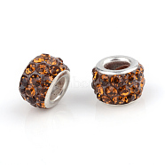 Polymer Clay Rhinestone European Beads, Large Hole Beads, Rondelle, with Silver Color Plated Brass Cores, Coffee, 10~12x7~8mm, Hole: 5mm(X-CPDL-T001-24)