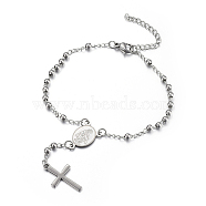 304 Stainless Steel Charm Bracelets, with Lobster Claw Clasps, Cross and Oval with Virgin Mary, Stainless Steel Color, 6-7/8 inch(17.5cm), Cross: 20x12x1mm(BJEW-P234-01)