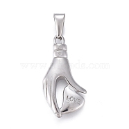Valentine's Day 304 Stainless Steel Pendants, Hand with Heart & Word Love, Stainless Steel Color, 35x17x5mm, Hole: 3.5x9.5mm(STAS-F252-31P)