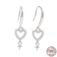 Rhodium Plated 925 Sterling Silver Earring Hooks, with Clear Cubic Zirconia, Heart, for Half Drilled Beads, Platinum, 30mm, 21 Gauge, Pin: 0.7mm and 0.6mm, Tray: 6x3mm(STER-D035-30P)