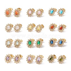 Cubic Zirconia & Rhinestone Oval Flower Stud Earrings, Ion Plating(IP) 304 Stainless Steel Jewelry for Women, Golden, Mixed Color, 12x10mm, Pin: 0.6mm(EJEW-A080-04M-G)
