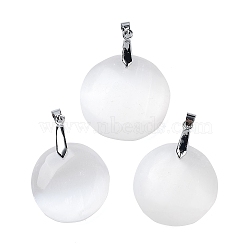 Natural Selenite Pendants, with Platinum Tone Rack Plating Brass Snap on Bails, Flat Round, 42~45x28~34x10mm, Hole: 4x6mm(G-M091-01D)