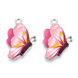 Printed Alloy Pendants, with Enamel, Butterfly, Platinum, Pink, 24.5x16x2mm, Hole: 2mm(X-PALLOY-R111-24C)