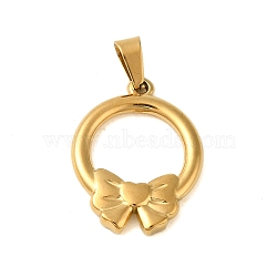 Ion Plating(IP) 304 Stainless Steel Pendants, Ring with Bowknot Charm, Golden, 26x20x3mm, Hole: 6x3mm(STAS-C103-24G)