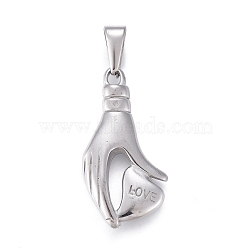 Non-Tarnish Valentine's Day 304 Stainless Steel Pendants, Hand with Heart & Word Love, Stainless Steel Color, 35x17x5mm, Hole: 3.5x9.5mm(STAS-F252-31P)