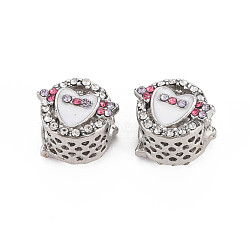 Rack Plating Alloy Enamel European Beads, with Crystal & Rose Rhinestone, Large Hole Beads, Cadmium Free & Nickel Free & Lead Free, Flat Round with Heart, Platinum, Creamy White, 11x13x10mm, Hole: 5mm(MPDL-N039-140)