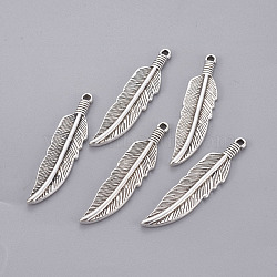 Tibetan Style Alloy Charms, Lead Free & Cadmium Free & Nickel Free, Feather, Antique Silver, 42x10x2mm, Hole: 2mm(X-TIBEP-16624-AS-NR)
