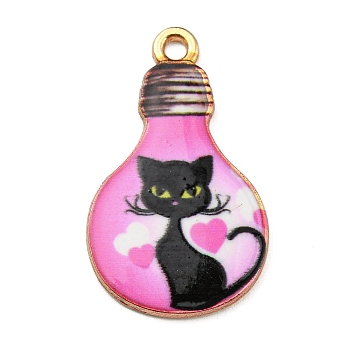 Alloy Pendant, Lead Free & Cadmium Free & Nickel Free, Lamp Bulb with Cat Shape, Hot Pink, 28x17x1.5mm, Hole: 1.8mm