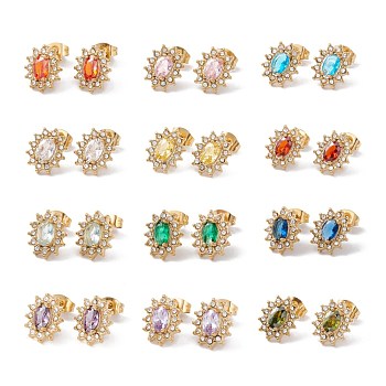 Cubic Zirconia & Rhinestone Oval Flower Stud Earrings, Ion Plating(IP) 304 Stainless Steel Jewelry for Women, Golden, Mixed Color, 12x10mm, Pin: 0.6mm
